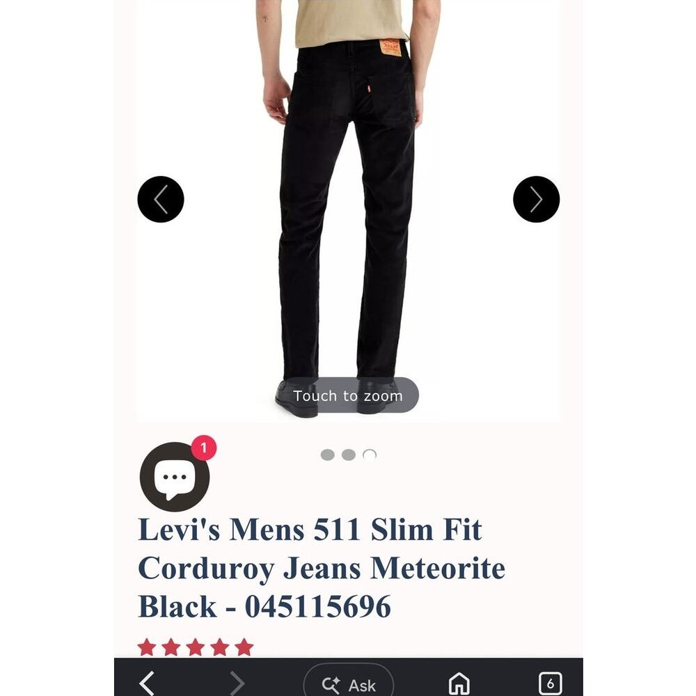 Levi's Mens 511 Slim Fit Corduroy Jeans Black 31X32 - Picture 2 of 5